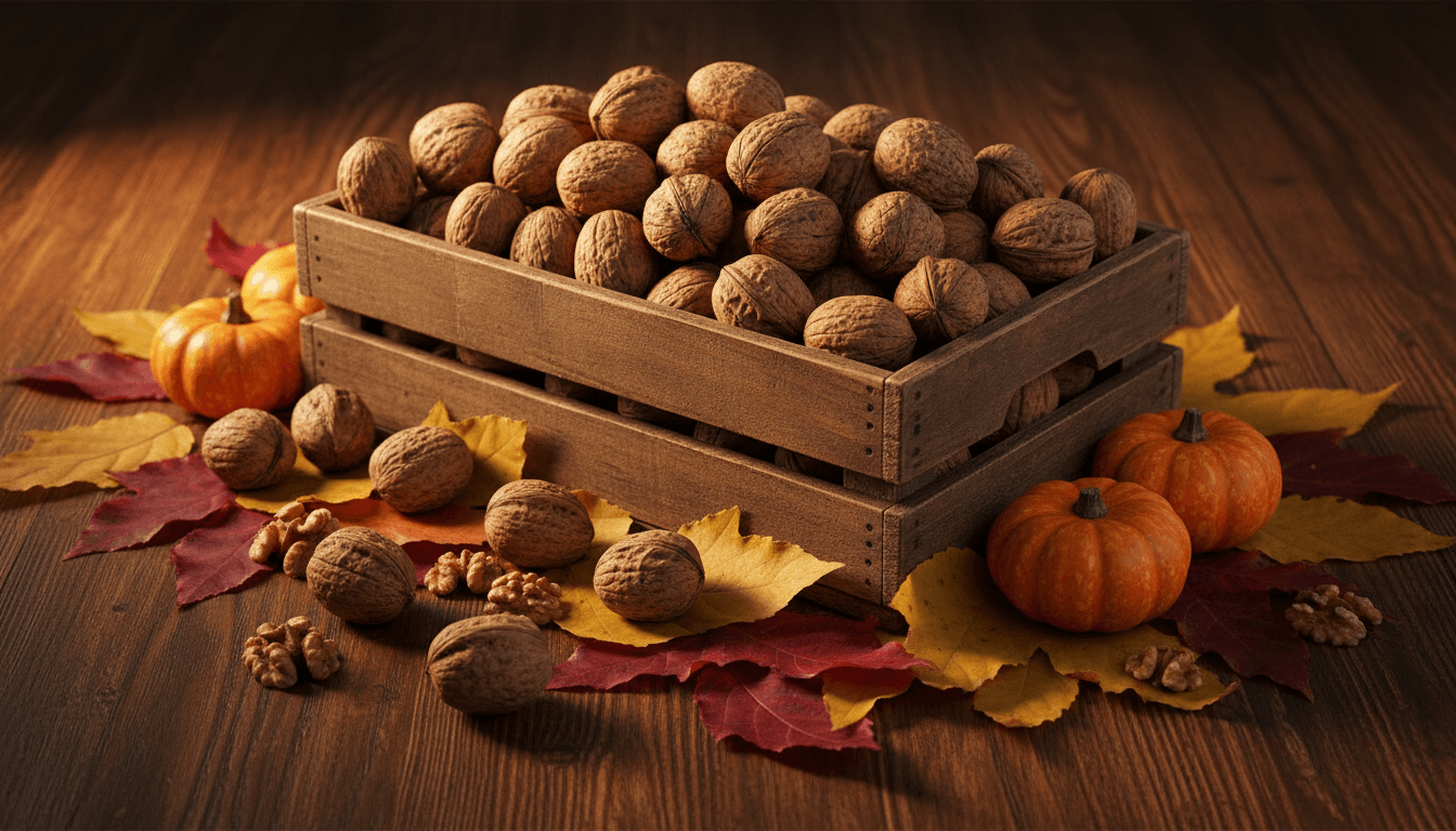 Saison des noix : 5 astuces puissantes pour rester en forme 2 Caisse de noix fraîches et feuilles d'automne