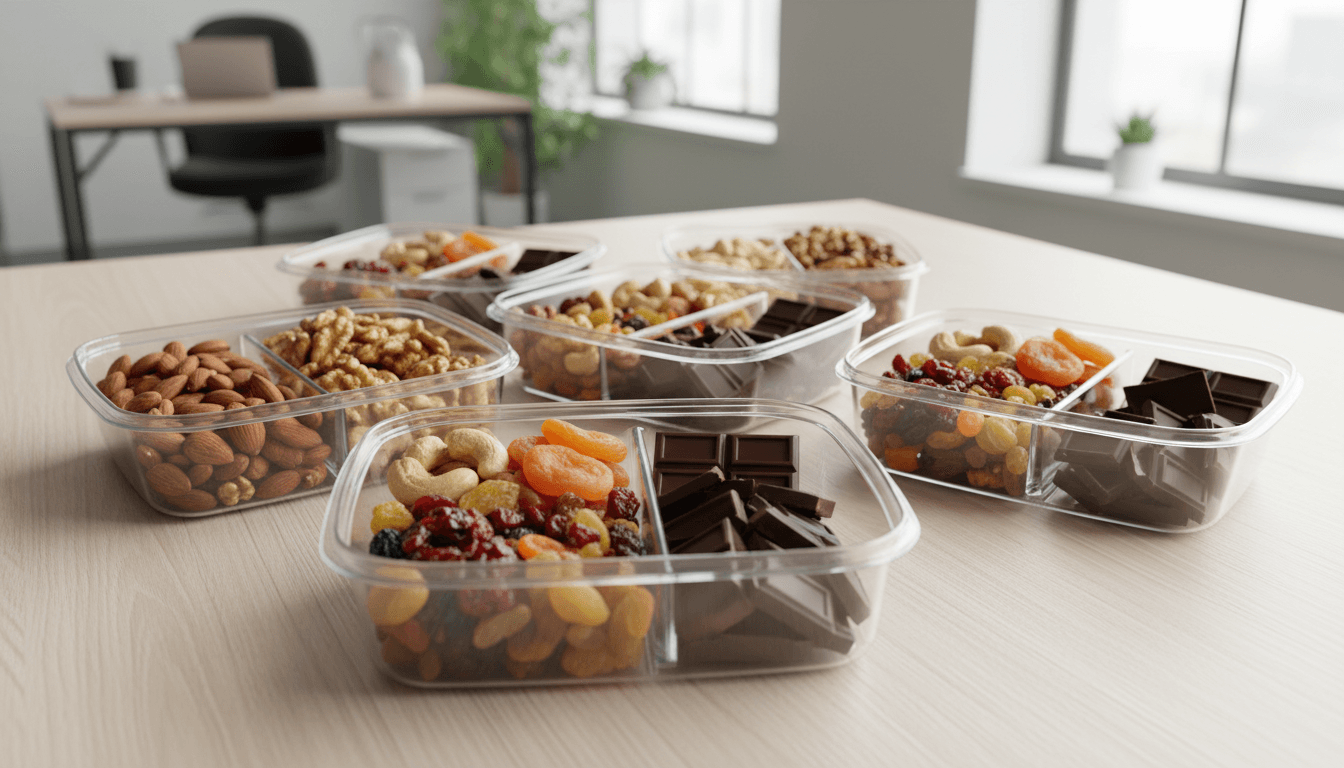 Snacks aux fruits à coque : 10 idées rapides et saines 2 Boîtes de snacks : fruits à coque, fruits secs et chocolat noir