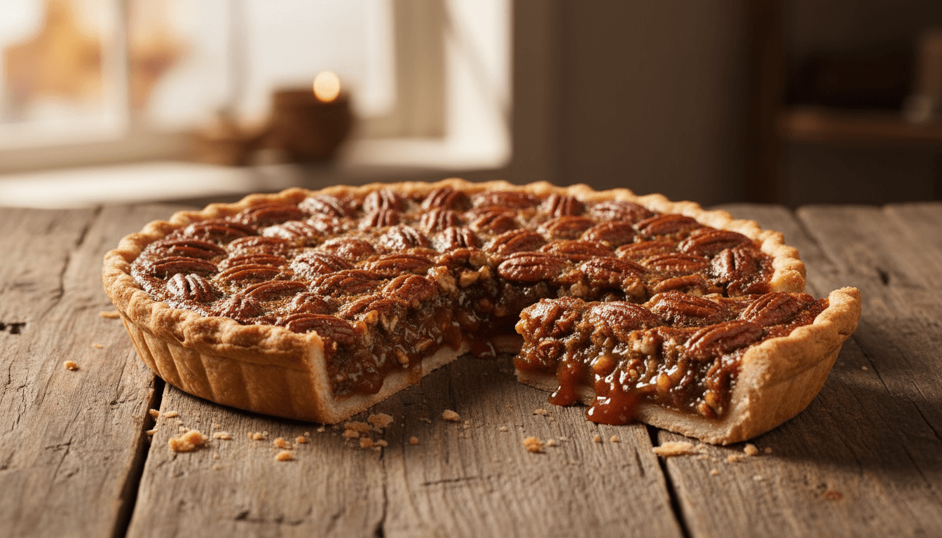 Tarte aux noix de pécan : la recette traditionnelle 2 Tarte aux noix de pécan avec part coupée au cœur fondant